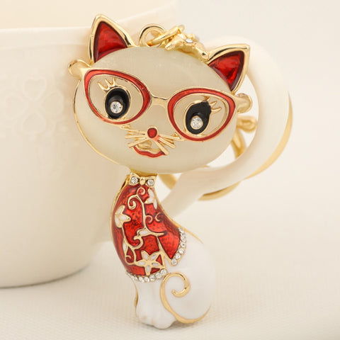 Wise Resin Glasses Cat Keychain Fashion Rhinestone Animal Metal Key Chain Ring for Women Gift Bag Purse Charm Pendant Jewelry