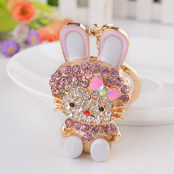 creative rhinestone rabbit keychain keyring fashion enamel animal metal key chain for women girl purse handbag charm jewelry