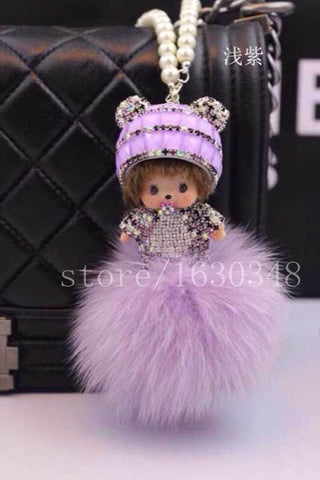 Genuine pom pom crystal monchhichi cute bag charms bling keychains unique female Gifts handmade purse charm